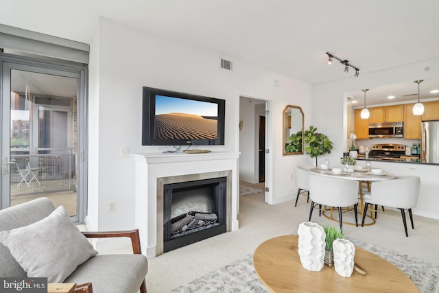 2001 15th St N Unit 207, Arlington, VA 22201 - living room with track lighting, visible vents, baseboards, a glass covered fireplace, and light colored carpet
