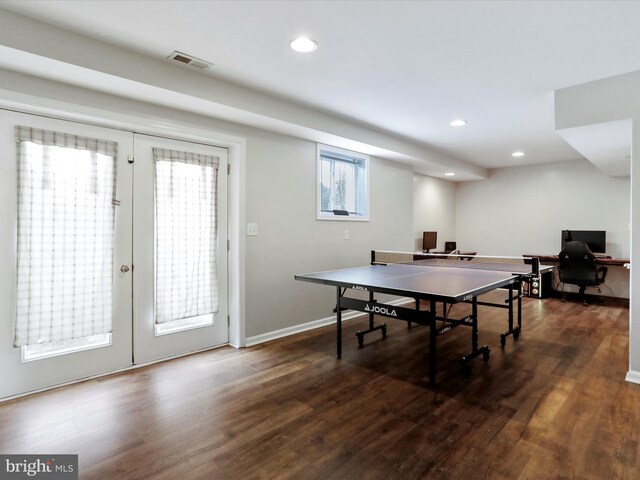 recreation room featuring dark wood-type flooring, french doors, recessed lighting, an office area, and baseboards