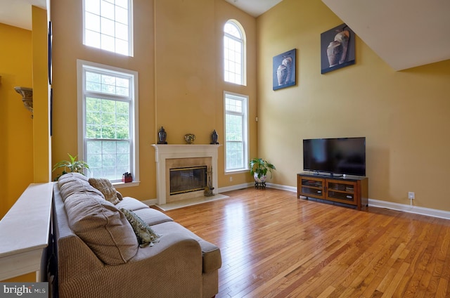 28 Autumnwood Ln, Mount Laurel, NJ 08054 - living area with light wood-type flooring, a high ceiling, a fireplace, and baseboards