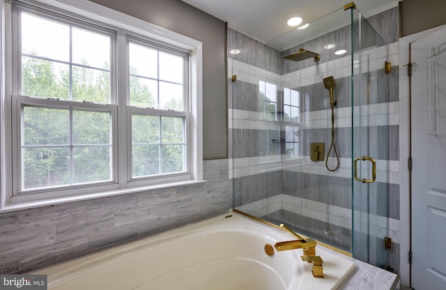 28 Autumnwood Ln, Mount Laurel, NJ 08054 - full bath with a shower stall, a garden tub, and recessed lighting