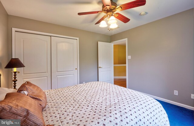 28 Autumnwood Ln, Mount Laurel, NJ 08054 - bedroom with a closet, baseboards, carpet, and ceiling fan