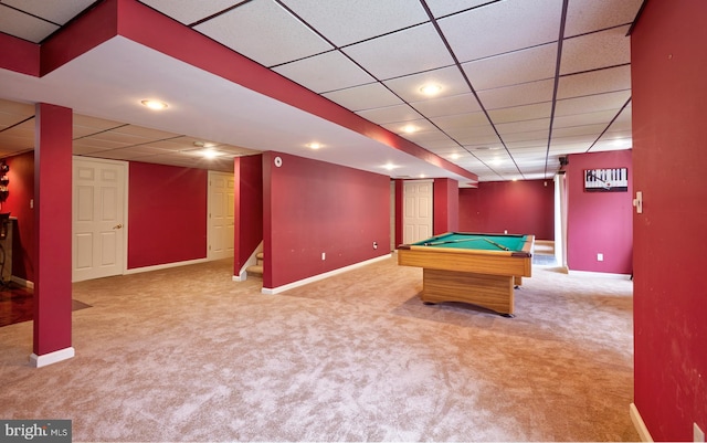 28 Autumnwood Ln, Mount Laurel, NJ 08054 - rec room with carpet floors, a paneled ceiling, baseboards, billiards table, and recessed lighting