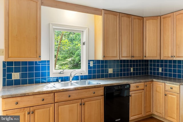 112 Old Forest Cir, Winchester, VA 22602 - kitchen featuring a sink, black dishwasher, backsplash, and light brown cabinetry