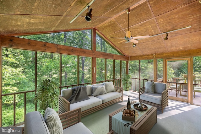 112 Old Forest Cir, Winchester, VA 22602 - sunroom / solarium featuring lofted ceiling, ceiling fan, and an outdoor living space