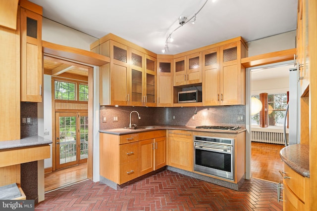 kitchen featuring appliances with stainless steel finishes, a sink, backsplash, and glass insert cabinets