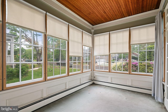 unfurnished sunroom with wooden ceiling, healthy amount of natural light, carpet floors, and a decorative wall