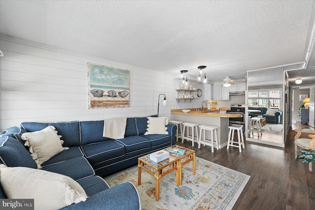 17 143rd St Unit 302, Ocean City, MD 21842 - living room featuring a textured ceiling, dark wood-style floors, and wooden walls