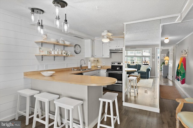 17 143rd St Unit 302, Ocean City, MD 21842 - kitchen with stainless steel electric stove, a sink, a peninsula, light countertops, and dark wood-style flooring