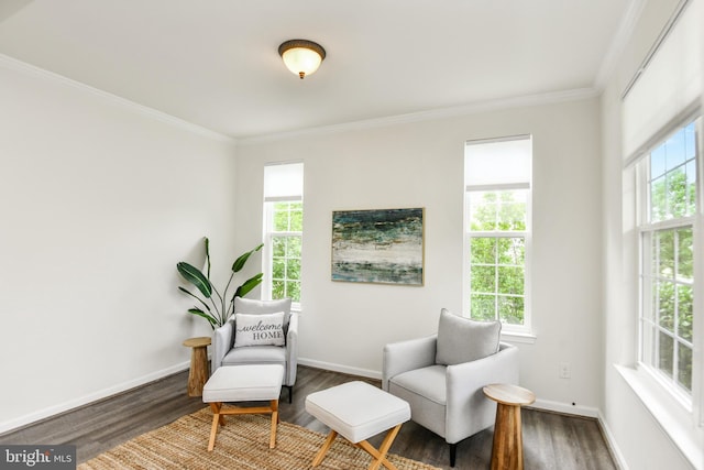 living area featuring healthy amount of natural light, ornamental molding, wood finished floors, and baseboards