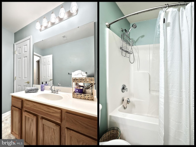 full bathroom featuring vanity and shower / bath combo with shower curtain