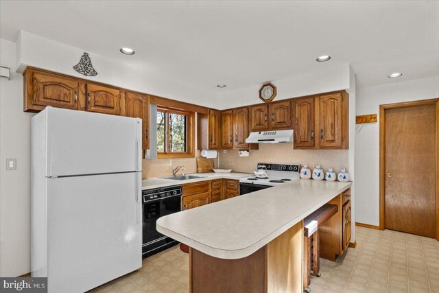 249 Hyland Dr, East Stroudsburg, PA 18301 - kitchen featuring freestanding refrigerator, dishwasher, under cabinet range hood, light countertops, and range with electric cooktop