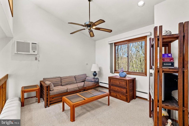 249 Hyland Dr, East Stroudsburg, PA 18301 - carpeted living room with ceiling fan, a baseboard radiator, lofted ceiling, and a wall mounted AC