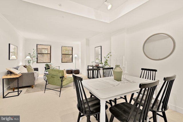 616 E St NW Unit 447, Washington, DC 20004 - dining space with a tray ceiling, light carpet, baseboards, and track lighting