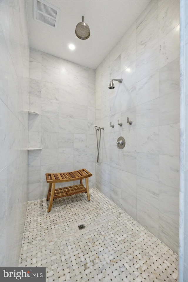 275 S Creek Rd, West Chester, PA 19382 - bathroom with a tile shower, recessed lighting, tile patterned flooring, and visible vents