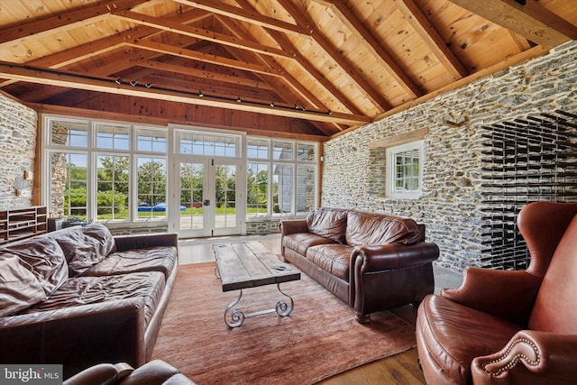 275 S Creek Rd, West Chester, PA 19382 - living room with french doors, high vaulted ceiling, wooden ceiling, and wood finished floors