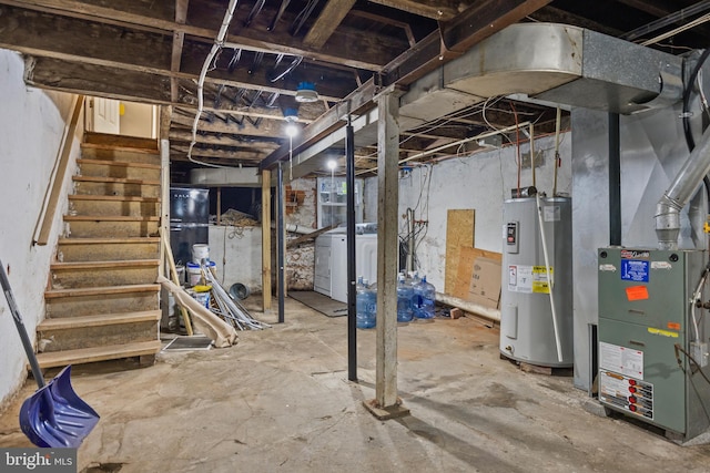 418 Vine St, Camden, NJ 08102 - unfinished below grade area with electric water heater, stairs, heating unit, and washing machine and clothes dryer