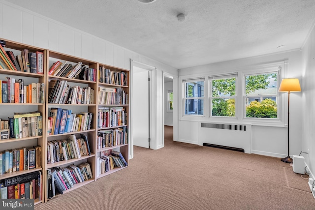 1545 Maple Ave, Haddon Heights, NJ 08035 - living area with radiator, carpet flooring, a textured ceiling, and crown molding