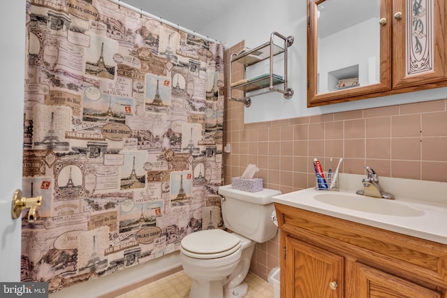 1545 Maple Ave, Haddon Heights, NJ 08035 - bathroom featuring tile walls, toilet, vanity, a shower with shower curtain, and wainscoting