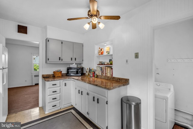 1545 Maple Ave, Haddon Heights, NJ 08035 - kitchen featuring washer / clothes dryer, a ceiling fan, radiator, gray cabinetry, and freestanding refrigerator