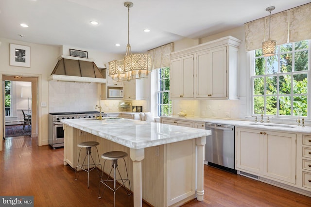 1129 Delaplane Grade Rd, Upperville, VA 20184 - kitchen with appliances with stainless steel finishes, plenty of natural light, premium range hood, decorative backsplash, and recessed lighting