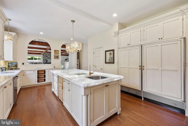 1129 Delaplane Grade Rd, Upperville, VA 20184 - kitchen with a kitchen island with sink, wood finished floors, a chandelier, recessed lighting, and decorative light fixtures