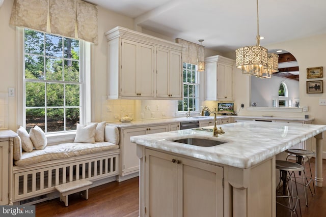 1129 Delaplane Grade Rd, Upperville, VA 20184 - kitchen featuring dark wood-type flooring, a center island with sink, backsplash, hanging light fixtures, and a chandelier