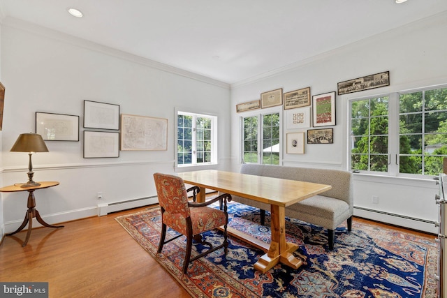 1129 Delaplane Grade Rd, Upperville, VA 20184 - dining area with a baseboard radiator, crown molding, wood finished floors, and recessed lighting