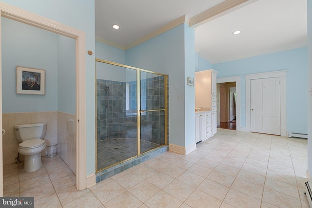 1129 Delaplane Grade Rd, Upperville, VA 20184 - bathroom with tile patterned flooring, vanity, a stall shower, baseboard heating, and crown molding