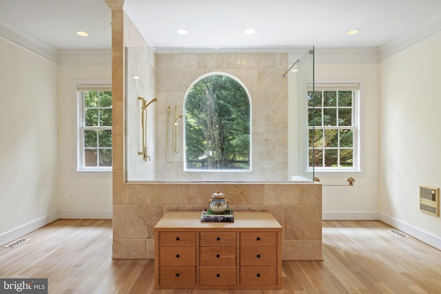 1129 Delaplane Grade Rd, Upperville, VA 20184 - bathroom with ornamental molding, wood finished floors, walk in shower, and heating unit