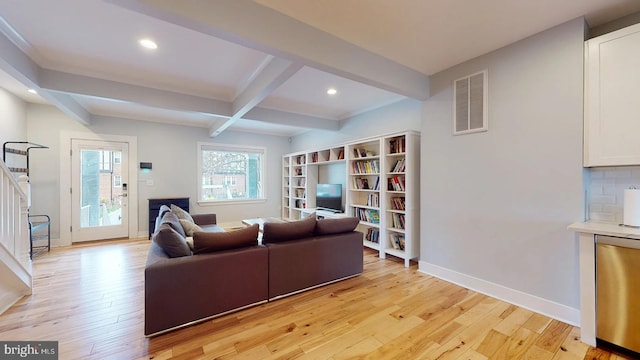 4914 3rd St NW, Washington, DC 20011 - living area with light wood-type flooring, beamed ceiling, recessed lighting, and visible vents