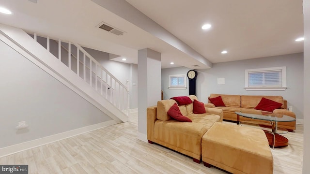 4914 3rd St NW, Washington, DC 20011 - living area with visible vents, recessed lighting, stairway, baseboards, and light wood-style floors