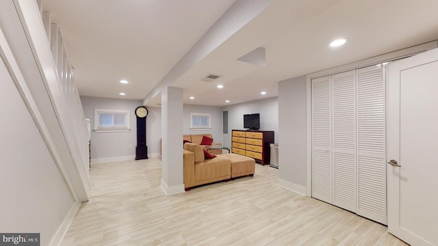 4914 3rd St NW, Washington, DC 20011 - living area featuring baseboards, visible vents, light wood-style flooring, and recessed lighting