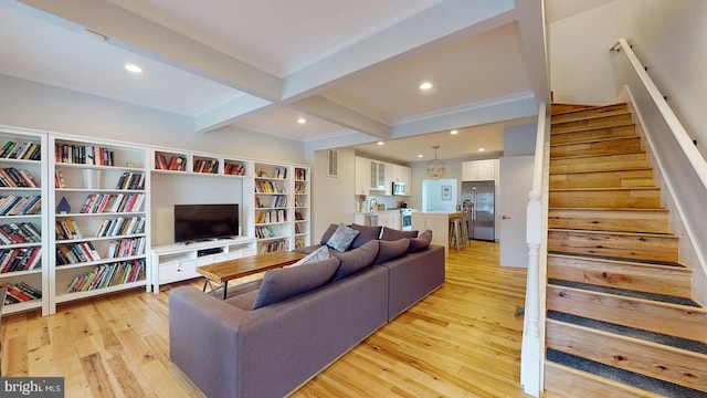 4914 3rd St NW, Washington, DC 20011 - living room featuring light wood-style flooring, recessed lighting, visible vents, stairs, and beam ceiling