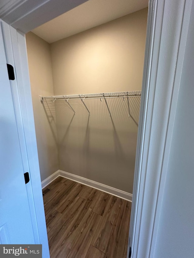 spacious closet with dark wood finished floors