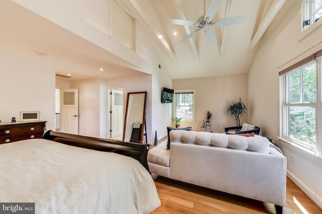 3906 Halsey St, Kensington, MD 20895 - bedroom featuring light wood-type flooring, high vaulted ceiling, beamed ceiling, baseboards, and recessed lighting