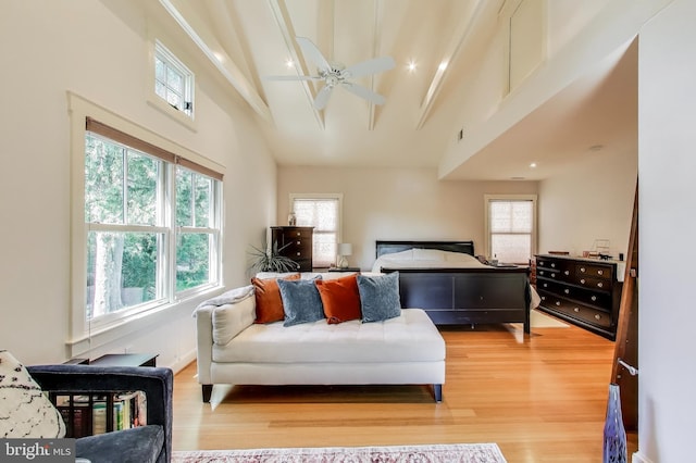3906 Halsey St, Kensington, MD 20895 - bedroom featuring light wood-style floors, multiple windows, high vaulted ceiling, ceiling fan, and beam ceiling