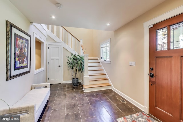 3906 Halsey St, Kensington, MD 20895 - entryway with stairway, dark tile patterned flooring, recessed lighting, and baseboards