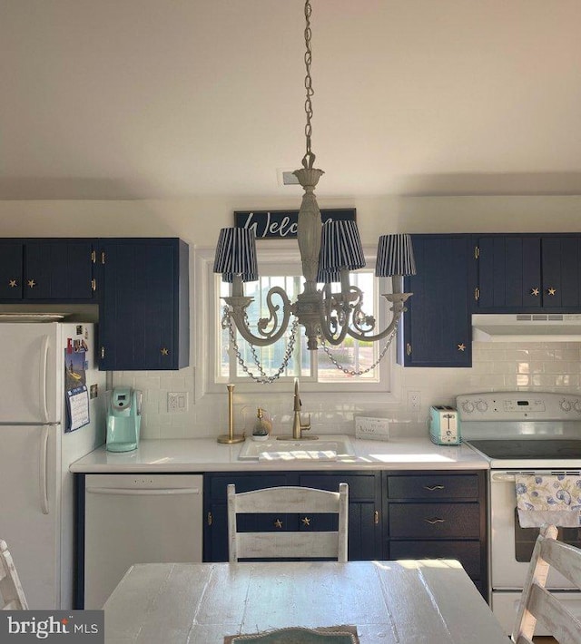 kitchen featuring a sink, blue cabinets, white appliances, and under cabinet range hood