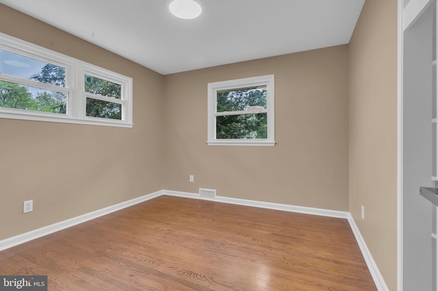 empty room featuring a wealth of natural light, baseboards, and wood finished floors