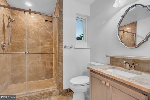 bathroom featuring toilet, vanity, and a stall shower