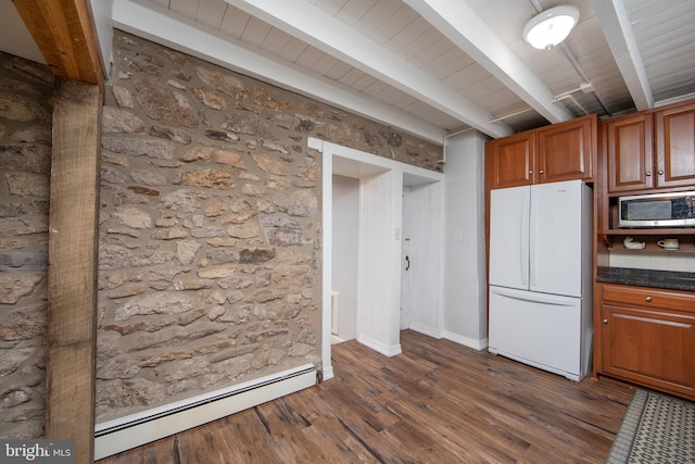 2957 River Rd, New Hope, PA 18938 - kitchen featuring stainless steel microwave, beam ceiling, a baseboard heating unit, freestanding refrigerator, and baseboards