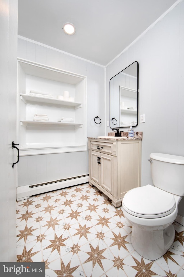 2957 River Rd, New Hope, PA 18938 - bathroom with a baseboard radiator, ornamental molding, toilet, and tile patterned floors
