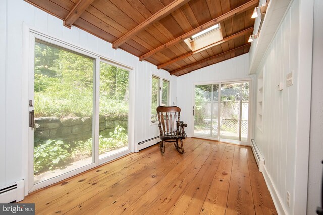 2957 River Rd, New Hope, PA 18938 - sunroom / solarium featuring lofted ceiling with skylight, baseboard heating, wood-type flooring, and wood ceiling