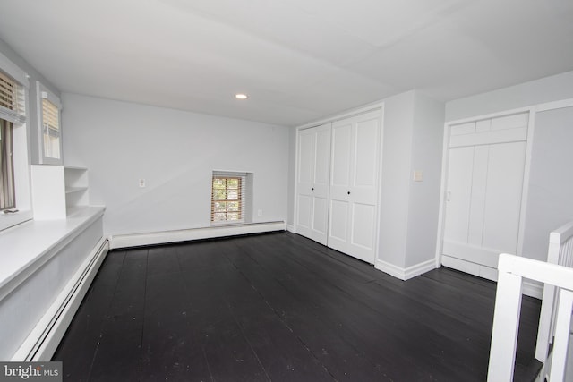 2957 River Rd, New Hope, PA 18938 - unfurnished living room featuring recessed lighting, baseboards, baseboard heating, and dark wood-style floors