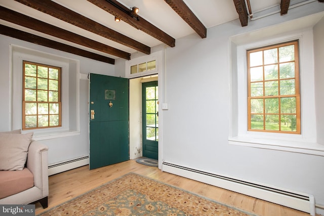 2957 River Rd, New Hope, PA 18938 - entrance foyer with wood finished floors, a baseboard radiator, and beamed ceiling
