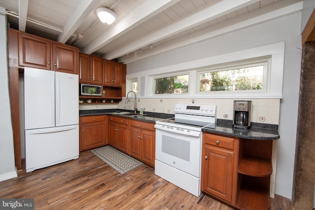 2957 River Rd, New Hope, PA 18938 - kitchen with open shelves, tasteful backsplash, a sink, and white appliances