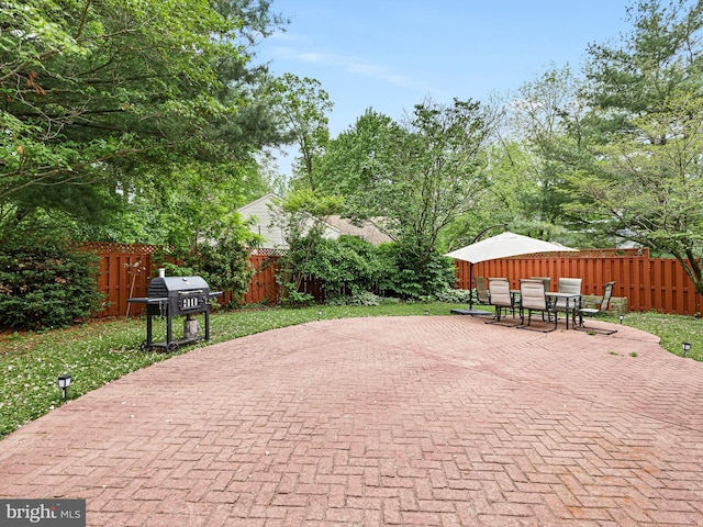 view of patio / terrace with a fenced backyard, grilling area, and outdoor dining space
