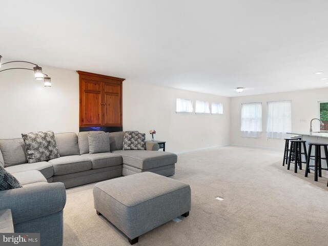 living room with light colored carpet, a wealth of natural light, and baseboards