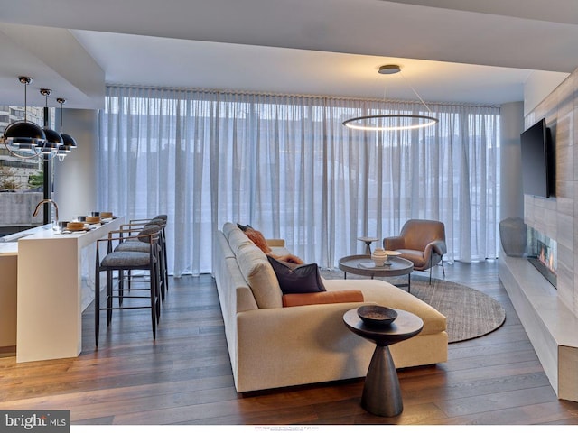 living room featuring a glass covered fireplace and hardwood / wood-style flooring
