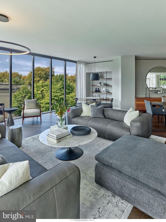 living area featuring expansive windows and wood finished floors